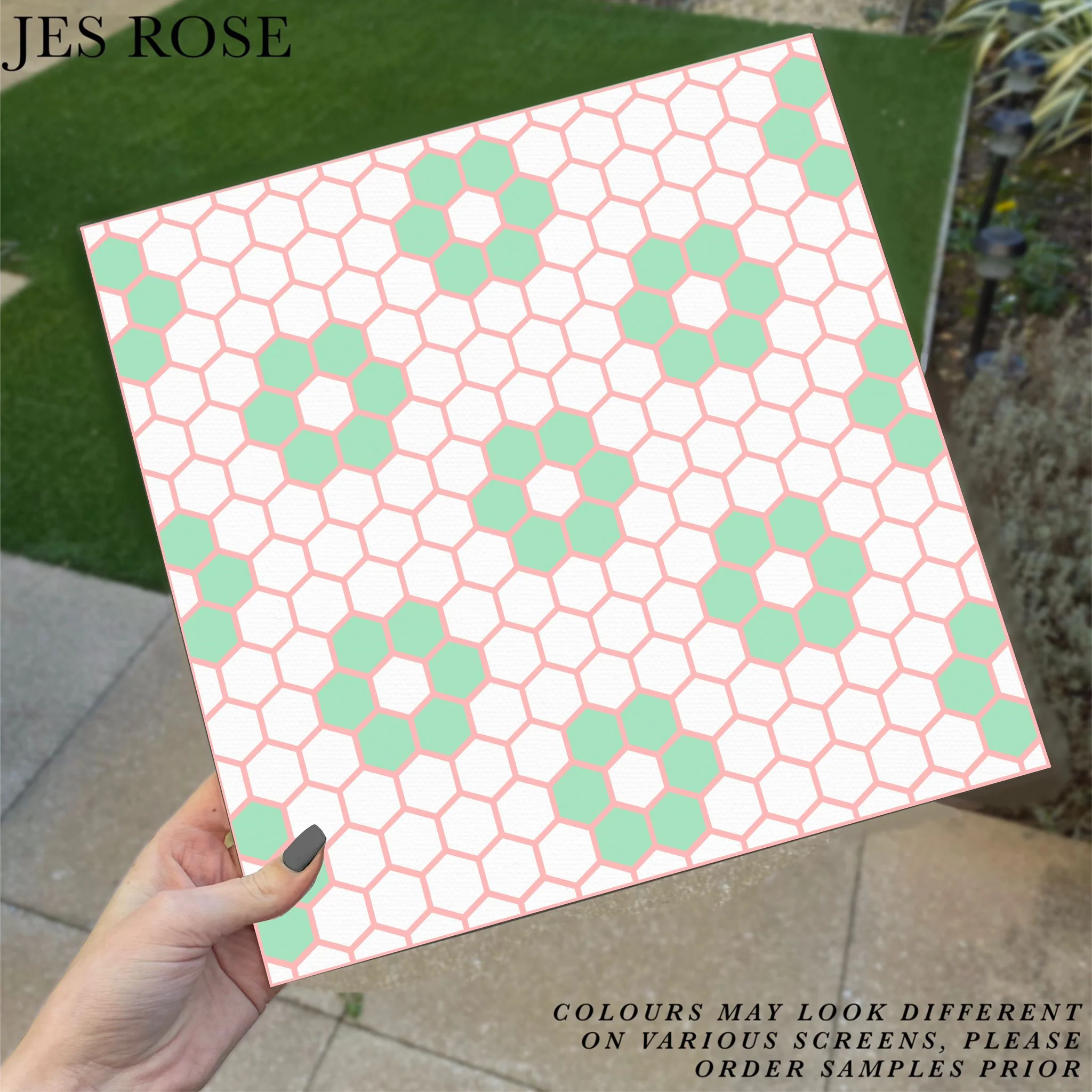 Hexagon Petals Pink & Green Premium Peel & Stick Tiles - Image 2